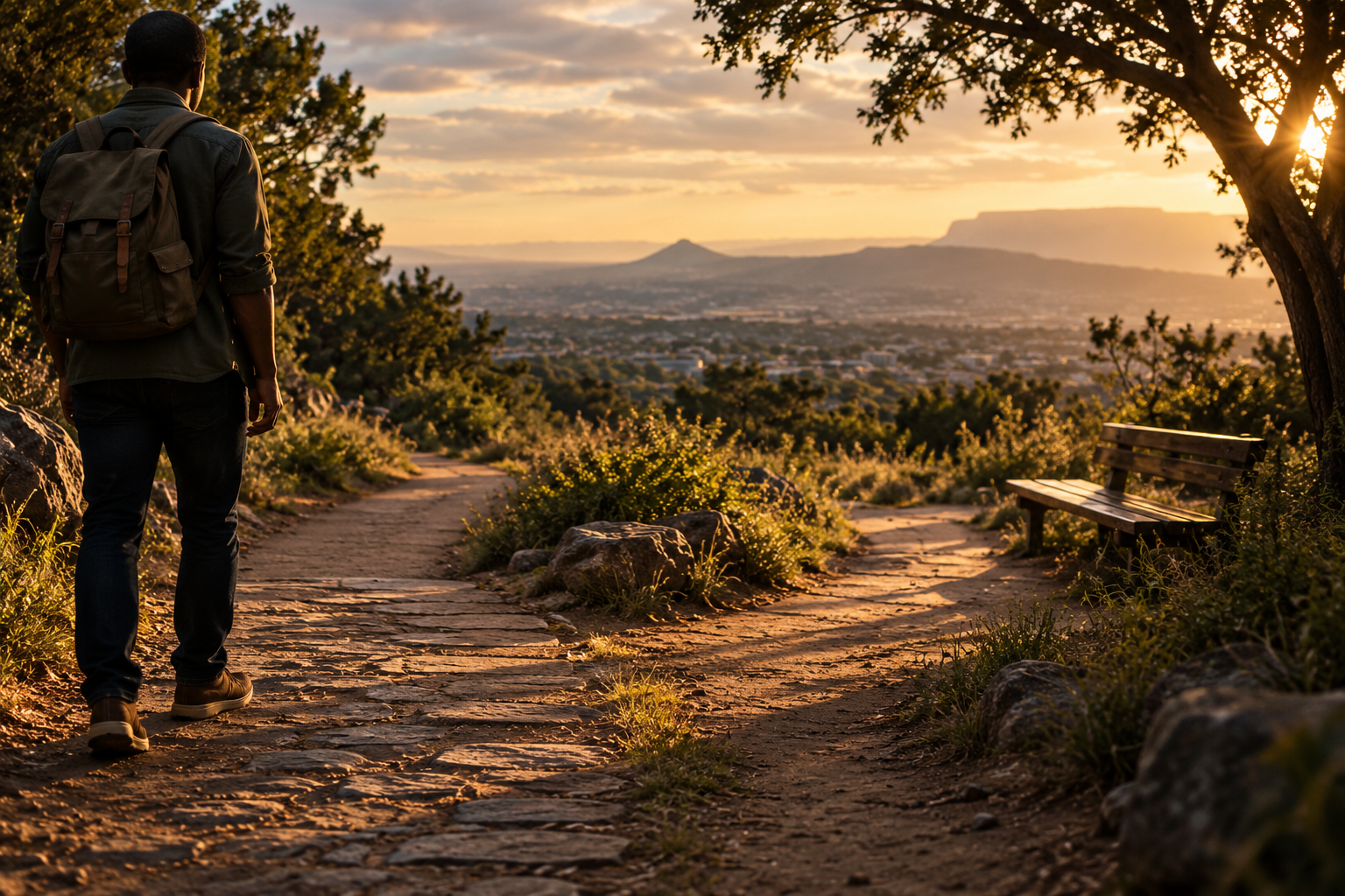 A traveller pauses on a divided stone path at sunset, with an empty bench beneath a tree overlooking a town.